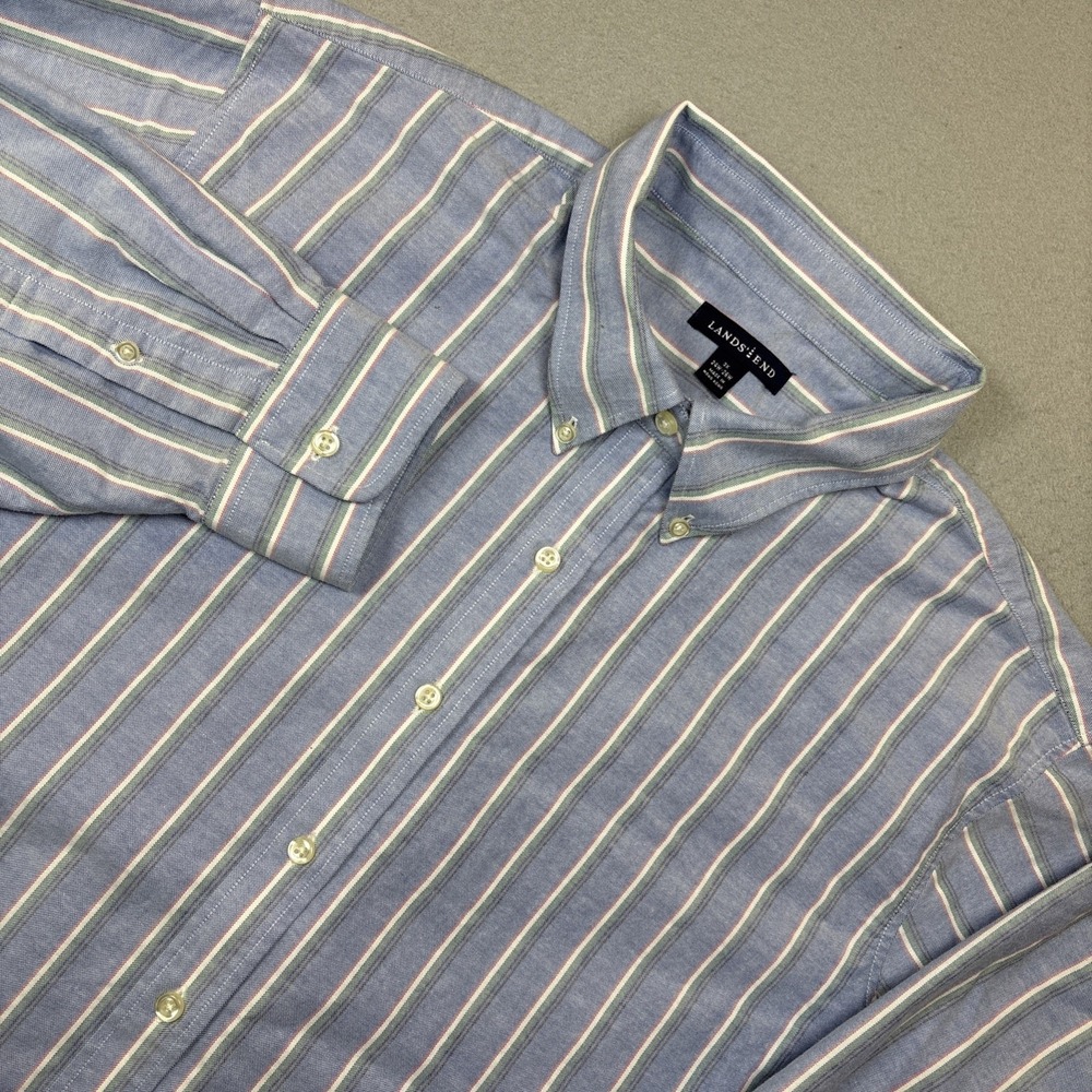 Lands' End Oxford Shirt Striped Button-Dow Long Sleeve 3X‎  24W-26W  Blue